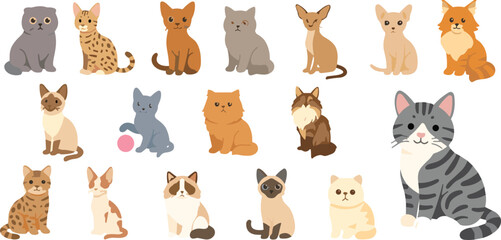 Collection of Cute Cartoon Cat Breeds Vector Illustrations Featuring Various Feline Characters and Kitty Icons for Pet Care, Veterinary Services, and Animal Lovers © MdIbrahimIslam