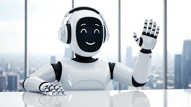 A friendly robot in a modern office waves hello, wearing headphones, against a cityscape backdrop