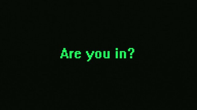 A green text, "Are you in?", is printed on a black computer screen. Simulating digital interaction. Programming and Games concept.