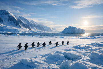 Penguins walking on icy polar landscape