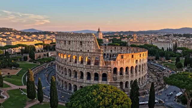 Colosseum at sunset with cityscape