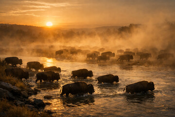 Buffalo herd crossing river during sunset migration