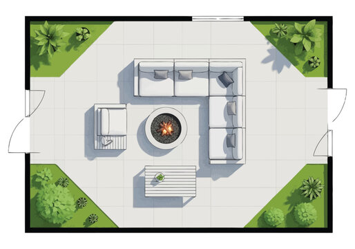 Modern outdoor living room design featuring a sectional sofa L shape around a circular fire pit with a coffee table and green landscaping overhead
