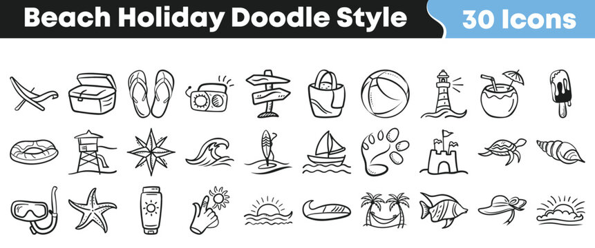 Collection of thirty hand drawn black and white doodle style icons representing various essential beach holiday travel and summer vacation elements