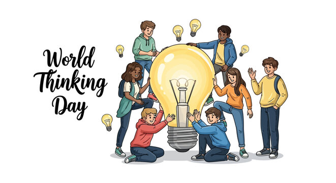 Illustration of diverse group of people gathered around a large lightbulb on World Thinking Day, symbolizing global action and leadership for empowering girls and promoting sustainability