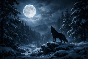 Wolf howling under full moon in dark forest at night