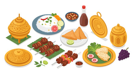 Ramadan Iftar Food Collection with Satay, Rice, and Islamic Ornaments Isometric Illustration