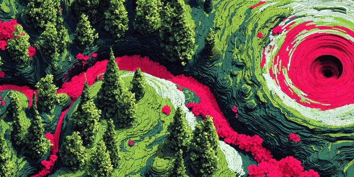 Top down view of pixel art green forest with red river.

