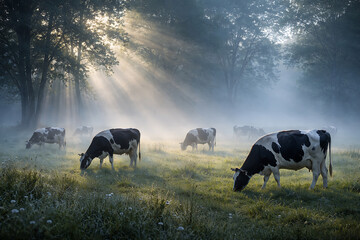 Dairy cows grazing in misty green field during early morning