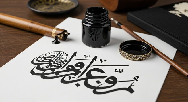 Traditional Arabic Calligraphy Art Featuring a Wooden Qalam Pen, Black Ink, and Elegant Islamic Script on White Paper