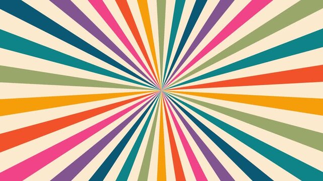Vibrant Retro Sunburst Motion Background with Rotating Multi-Color Radial Rays in a Vintage 70s Style