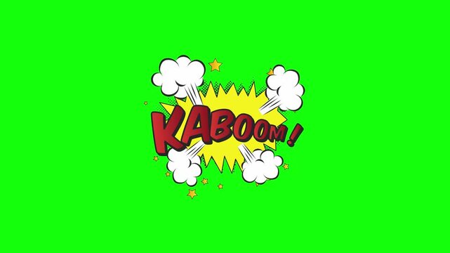 Animated Kaboom Comic Speech Bubble with Dynamic Yellow Explosion and White Smoke on Green Screen
