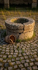 Naklejka premium Ancient stone well on cobblestone path with wooden bucket at sunset in rustic outdoor setting