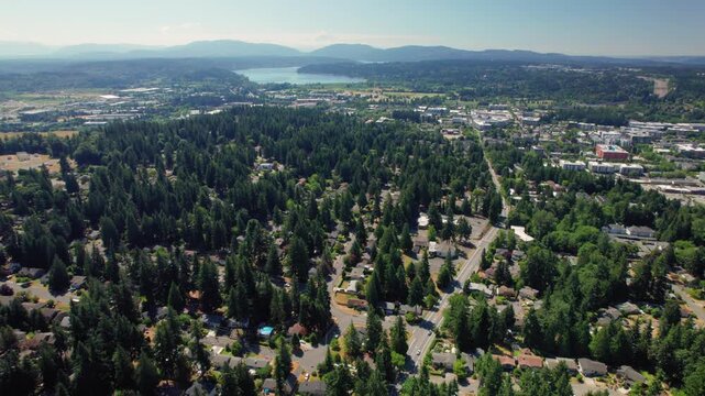 Redmond, Washington Aerial View Panning Green Landscape