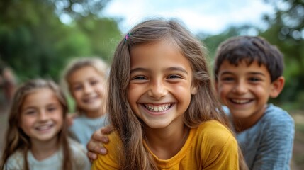 Fototapeta premium Happy kids smiling outdoors, park background, friendship