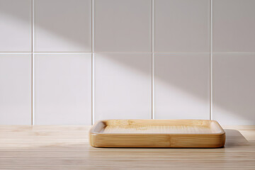 Single bamboo tray on bathroom counter with left copy space soft studio lighting clean int