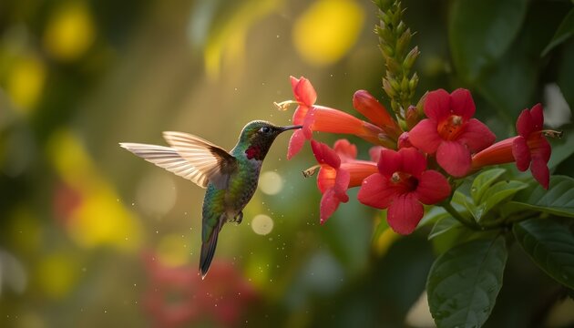 Hummingbird feeding from red flowers in lush garden