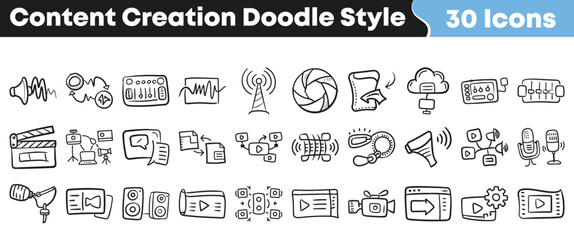 Hand drawn doodle style icons set representing various tools and elements for digital media content creation and production workflow © Vectoravec