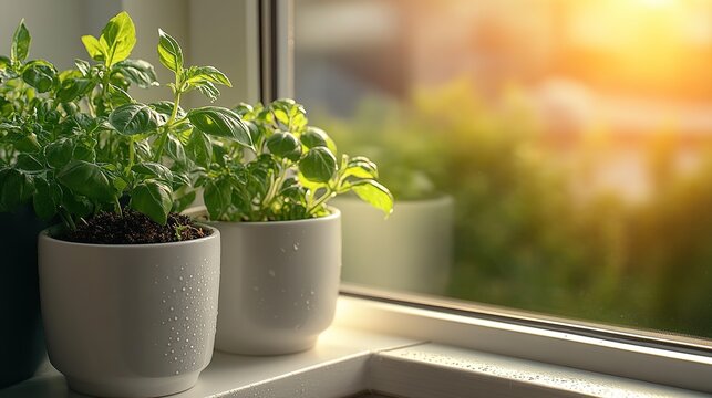 Sunlit Windowsill with Collection of Small Potted Herbs in White Ceramic Pots: Basil, Mint, Rosemary, Water Droplets on Leaves, Soft Morning Light Streaming In, Interior Meets Nature, Fresh Aesthetic,