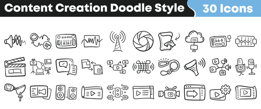 Hand drawn doodle style icons set representing various tools and elements for digital media content creation and production workflow
