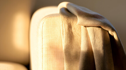 Folded throw blanket on beige sofa arm with left copy space soft window light luxury photo