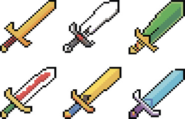 Pixel art fantasy sword weapon vector set, medieval gaming assets for rpg adventure, colorful blade equipment collection