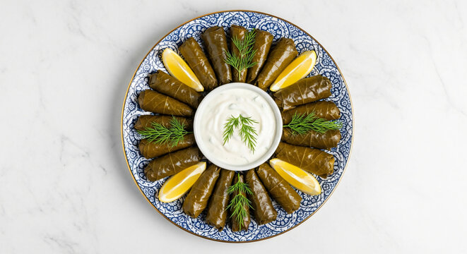 Traditional Stuffed Grape Leaves (Dolmades or Sarma) Served on a Blue Patterned Plate with Yogurt Dip and Fresh Lemon Wedges