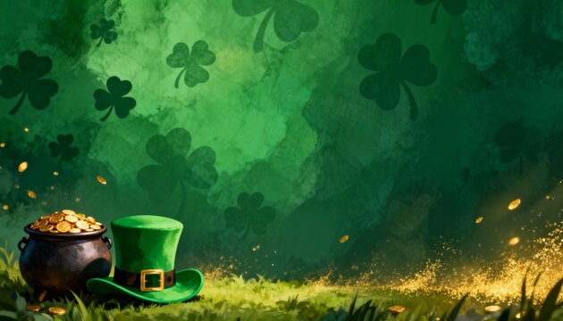 St. Patrick's Day illustration with a pot of gold and leprechaun hat on green grass. Shamrocks and falling gold coins create a festive, lucky background. Copy space for text