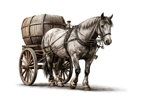 Strong draft horses pulling rustic cart through countryside, reflecting traditional farming heritage, rural life, teamwork, and timeless agriculture