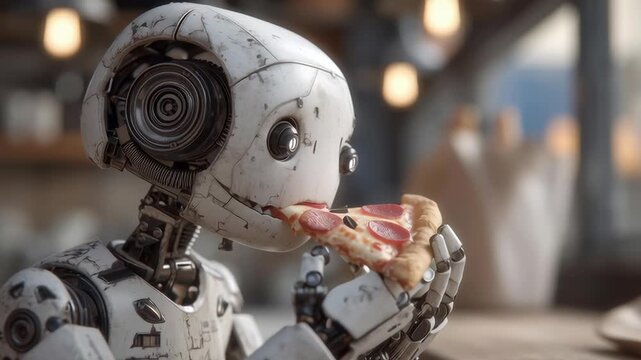 A robot is eating a slice of pizza. The robot is white and has a metallic appearance. The pizza is on a plate and is being held by the robot's right hand