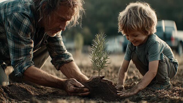 Mature Man and Little Boy Planting a Tree Seedling in the Soil