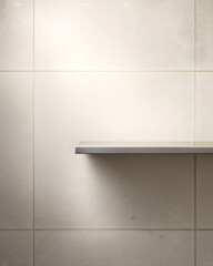 Empty floating shelf on clean bathroom tile wall with right copy space soft studio light