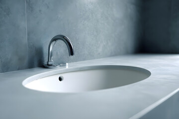 Single sink basin detail with clean counter and right copy space soft high key lighting