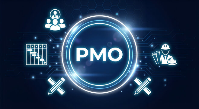 PMO Project manager office concept responsible for standardizing and overseeing project management practices, processes. New PMO