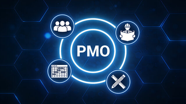 PMO Project manager office concept responsible for standardizing and overseeing project management practices, processes