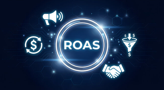 ROAS Return on Ads Spent in marketing concept with futuristic blue background. New ROAS