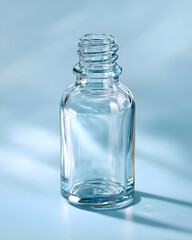 Empty clear glass dropper bottle isolated on pastel background with right copy space