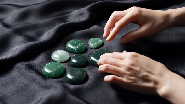 Hands arranging smooth green jade stones on dark silk