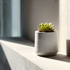 Concrete planter with tiny succulent on shelf ledge with left copy space modern decor phot