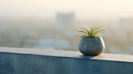 Concrete planter on rooftop ledge with left copy space skyline bokeh premium outdoor terra