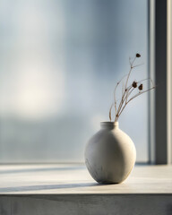 Concrete vase with single dried stem on console surface with left copy space premium photo