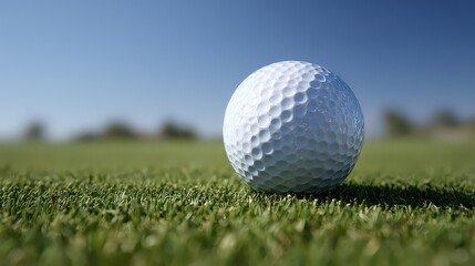 Golf Ball Resting on Lush Green Course Under Clear Blue Sky on Sunny Day