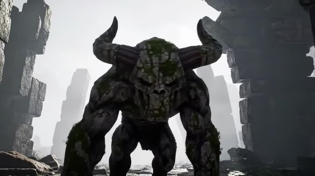 Monstrous horned creature standing amidst ancient stone ruins in dense fog