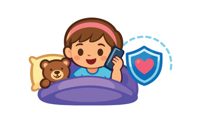 child at sleepover using phone to call parent icon small heart shield safe boundary support . colored flat icon vector illustration