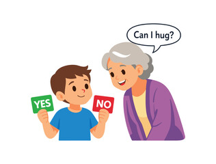 Fototapeta premium kid holding green yes card and no card while grandparent leans asking can I hug showing consent choice . colored flat icon vector illustration