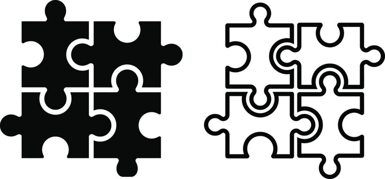 Jigsaw puzzle piece icon set, teamwork connection and problem solving symbol, outline and solid vector illustration