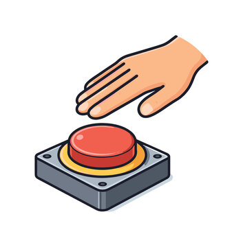 hand hovering over big stop button on small base button surface flat with subtle inner ring minimal emergency stop concept no machines . colored flat icon vector illustration