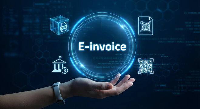 electronic invoice concept, e-invoice concept, XML icon, government, taxes, QR code and invoice, electronic invoice, flow with ERP,XML icon, government, taxes, QR code and invoice