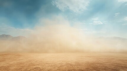 A desert landscape with dust obscuring mountains under a blue sky with fluffy clouds
