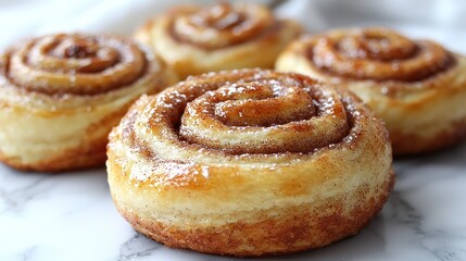 Close-up view of several freshly baked, glistening cinnamon rolls, on a marble surface